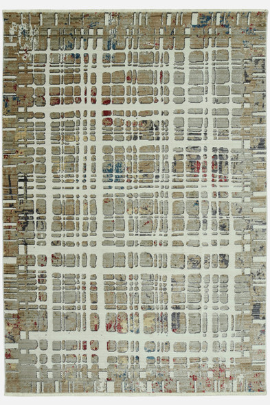 9 x 13 Ivory Khaki Distressed Plaid Area Rug
