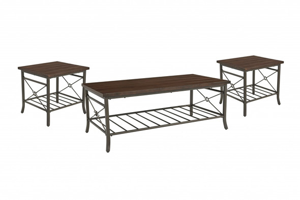 Brown Wood and Metal Coffee Table and End Tables Three Piece Set