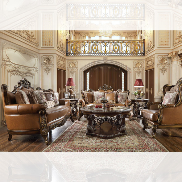 HD-555 Brown Cherry 3-Piece Classic European Upholstered Sofa Set
