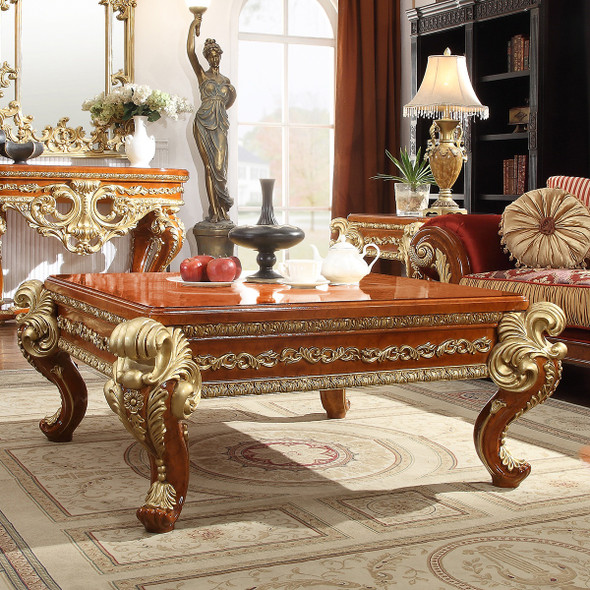 HD-8024 Cedar Red with Gold Highlight 3-Piece Traditional Coffee Table Set
