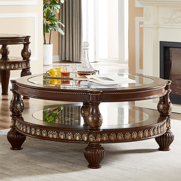 HD-1521 Mahogany with Gold Highlight 3-Piece Traditional Coffee Table Set