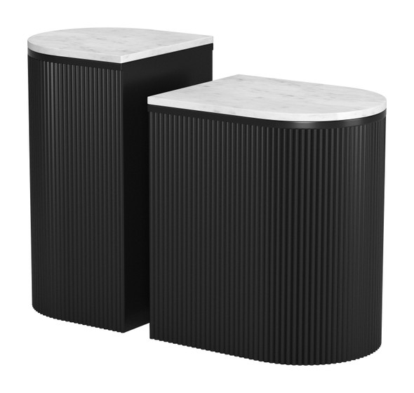 Ormara White & Black Natural Marble and Mango Wood Side Table Set