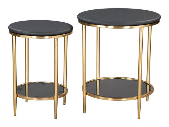 Koper Black Natural Marble and Iron Round Coffee Table Set