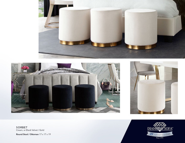 Sorbet Ottoman in Cream or Black Velvet / Brushed Gold, 17 x 17 x 19 Inches