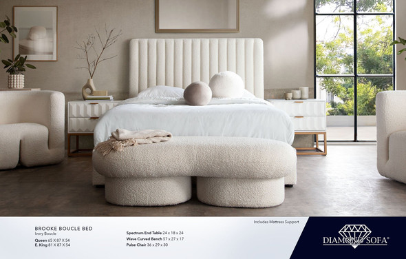 Brooke Queen Bed in Ivory Boucle, 65 x 87 x 54 Inches for Bedroom Furniture