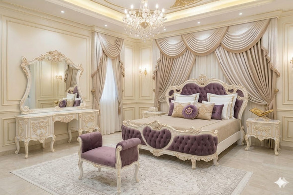 Royal Mauve Velvet Bedroom Set  Luxury Off-White & Gold Hand-Carved Baroque Collection