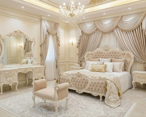 Luxury Royal Victorian Style Bedroom Set  Premium Off-White & Gold Finish