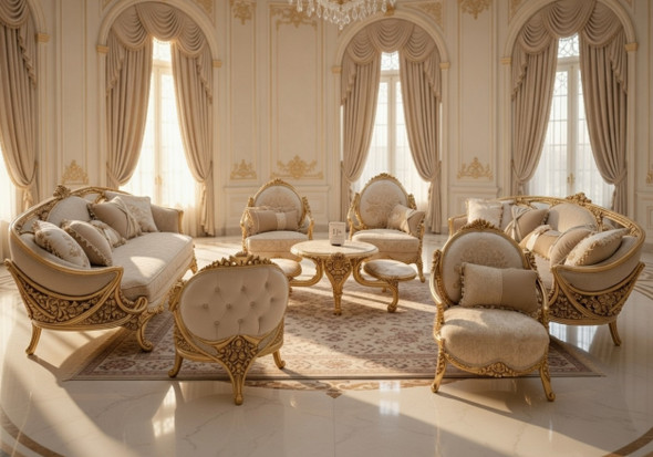 Luxury Traditional Living Room Set | Elite Antique Gold & Curved Royal Sofas