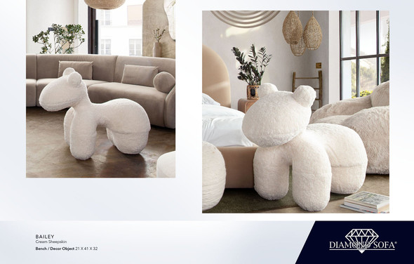Bailey Bench / Art Object in Cream Sheepskin, 21 in. W x 41 in. D x 32 in. H