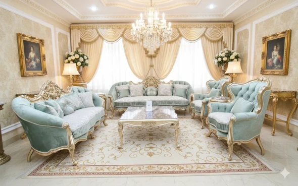 Royal Mint Green & Gold Victorian Sofa Set with Ornate Carvings