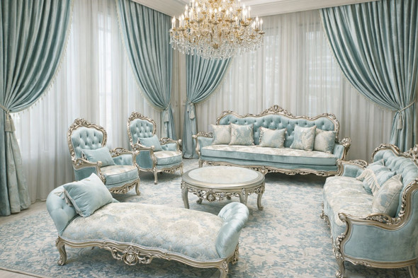 Elegant Sky Blue & Silver Carved Sofa Set with Matching Chaise Longue