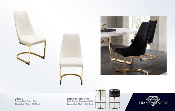 Vogue Dining Chair, Cream or Black Velvet / Gold, 18 in. W x 22 in. D x 38 in. H
