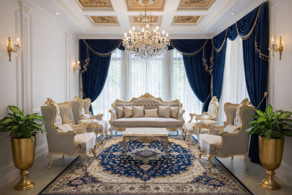 Imperial Gold-Leaf Sofa Set with Royal Blue Velvet Accents & Ornate Gilded Frames