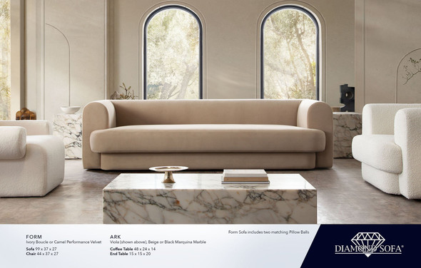 Form Sofa in Camel Performance Velvet or Ivory Boucle, 99 x 37 x 27 Inches