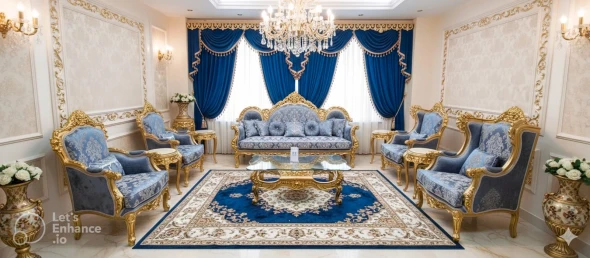 Ornate Blue Patterned Victorian Sofa Set with Heavy Gold Gilding