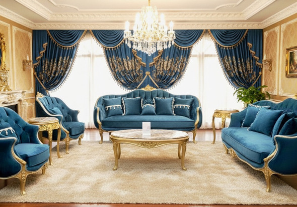 Luxury Deep Teal Velvet Sofa Set with Elegant Gold Trim