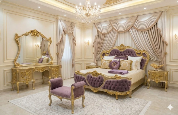 Imperial Gold & Mauve Velvet Bedroom Set  24K Gold Leaf Finish Hand-Carved Royal Master Suite