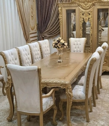 Elite Champagne Gold & Pearl White Dining Set  8-Piece Luxury Tufted Velvet Collection