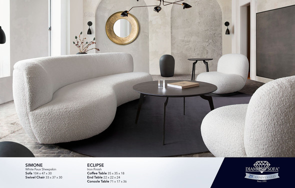 Simone Sofa in White Faux Sheepskin, 103 x 47 x 30 Inches with Swivel Design
