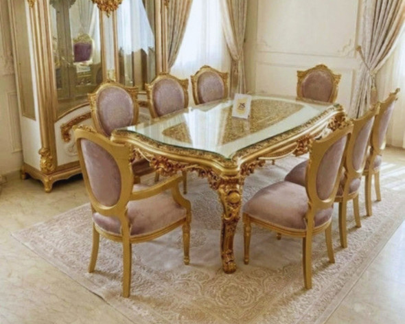 Imperial Gold & Champagne Velvet Dining Set  8-Piece Hand-Carved Victorian Masterpiece