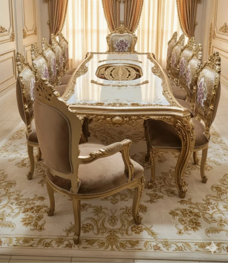 Palatial Grand Estate Dining Set – 12-Seater Gold Leaf & Ivory Baroque Collection with Floral Embroidery