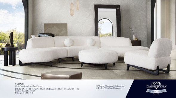 Vesper Left- or Right-Facing Chaise, White Faux Shearling, 67 x 38 x 30 Inches