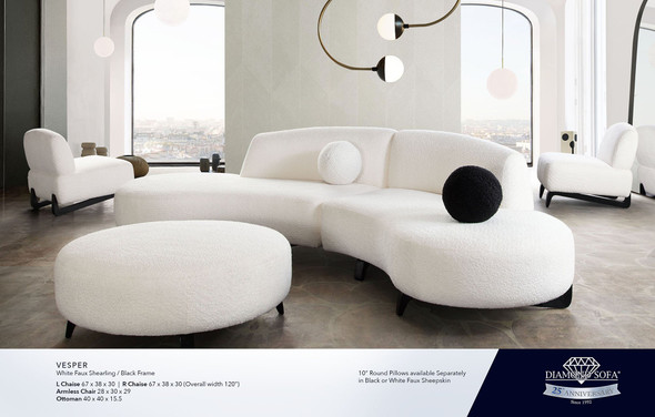 Vesper Left- or Right-Facing Chaise, White Faux Shearling, 67 x 38 x 30 Inches