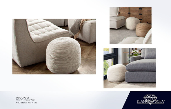 Wool Pouf in White Dyed Natural Wool, 19 x 19 x 16 Inches, Fully Assembled
