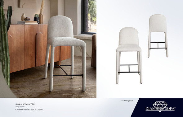 Roan Counter Chair in Ivory Fabric, 18 x 22 x 34 Inches, 26-Inch Seat Height