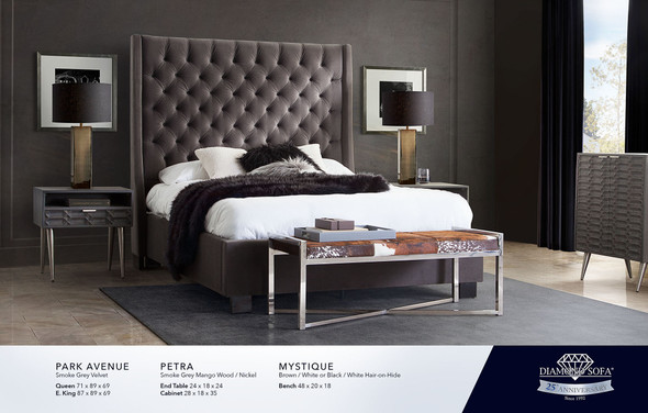Park Avenue Queen Bed in Smoke Velvet or Grey Linen, 71 x 89 x 69 Inches