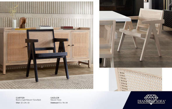 Carter Dining Chair in Natural / Cane or Black / Cane, 22 x 24 x 32 Inches