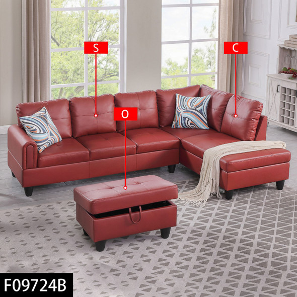 Red 3-Piece Faux Leather L-Shaped Sectional Sofa with Right-Side Chaise