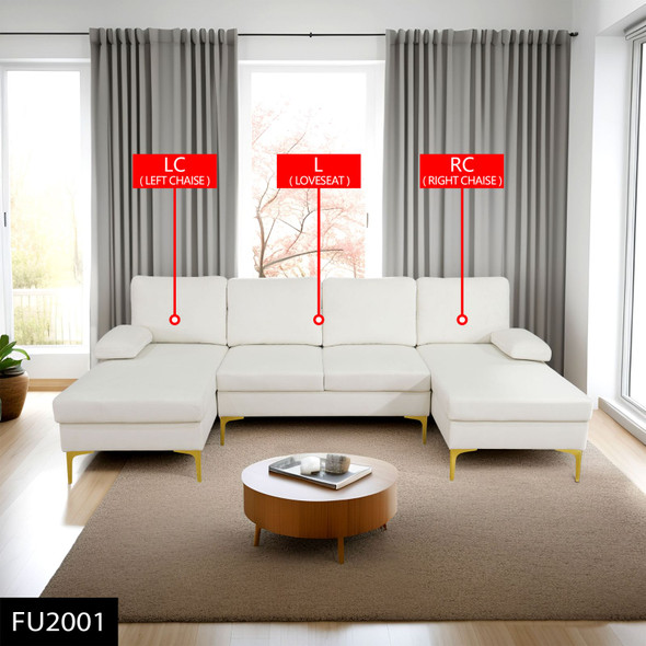 Beige 3-Piece Fluffy Fabric U-Shaped Sectional Sofa with Double Chaise