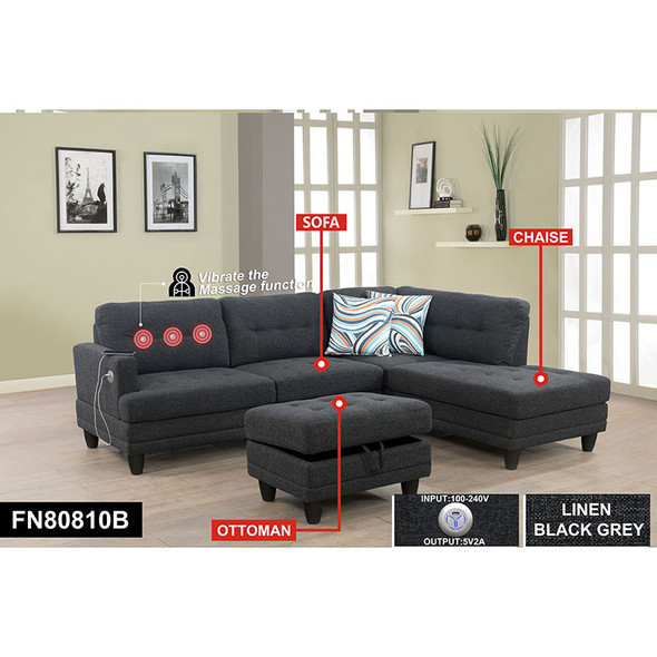 Black Gray 3-Piece Linen Sectional Sofa with Right-Facing Chaise Vibration