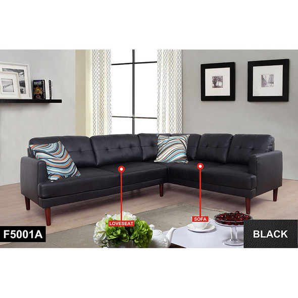 Black 2-Piece Faux Leather L-Shaped Sectional Sofa with Tufted Back and Wood
