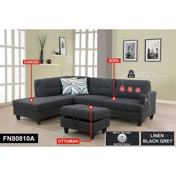 Black Gray 3-Piece Linen Sectional Sofa with Left-Facing Chaise Vibration