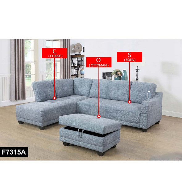 Light Denim Blue 3-Piece Linen-Leather Sectional with Left-Facing Chaise Storage