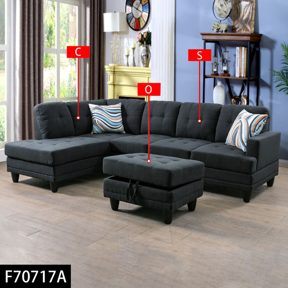 Black Gray 3-Piece Flannel Sectional Sofa with Left-Facing Chaise and Lift-Top
