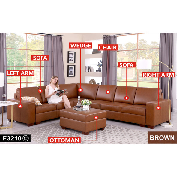 52.8-Inch Brown Top-Grain Cowhide Leather Sectional Sofa with Unified Upholstery