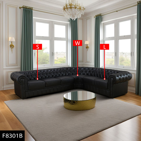 88-Inch Black 3-Piece Cow Top Leather Chesterfield Corner Sectional with Seats