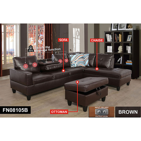 Brown 3-Piece Semi-PU Synthetic Leather Sectional with Right-Facing Chaise