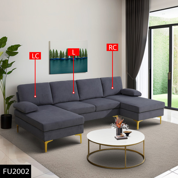 Deep Gray 3-Piece Fluffy Fabric U-Shaped Sectional Sofa with Double Chaise