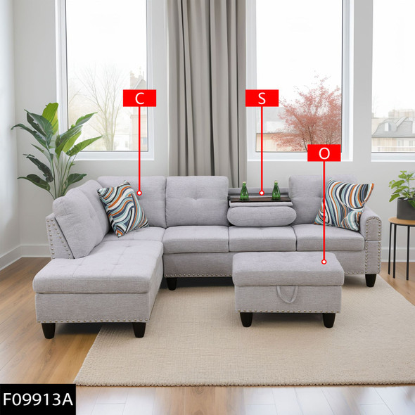 Gray White 3-Piece Flannel Sectional Sofa with Left-Facing Chaise Storage