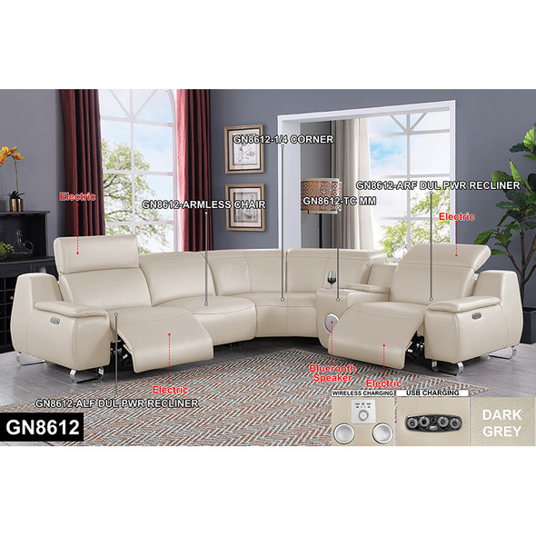 Beige Genuine Cowhide Leather Power Reclining Sectional with Bluetooth Charging