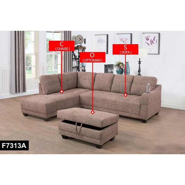 Brown 3-Piece Linen-Leather Sectional with Left-Facing Chaise Storage Ottoman