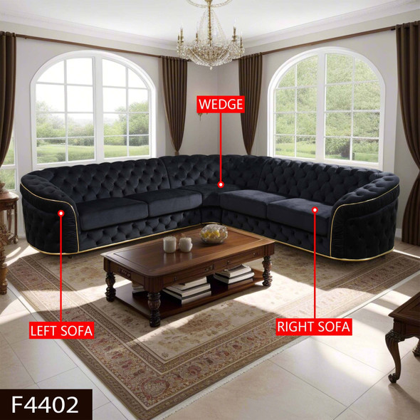 Black and Gold 3-Piece Microfiber Tufted Corner Sectional Sofa with Wedge