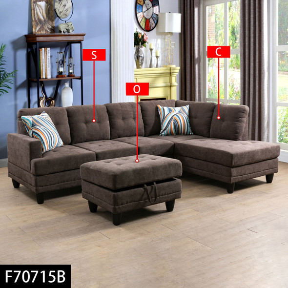 Brown Gray 3-Piece Corduroy Sectional Sofa with Right-Facing Chaise and Lift-Top