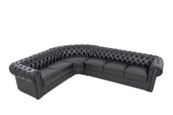 Black Leather Chesterfield Corner Sectional Sofa with Left-Facing Return