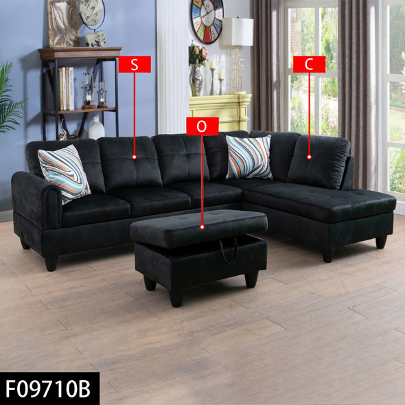 Black 3-Piece Upholstered L-Shaped Sectional Sofa with Right-Side Chaise