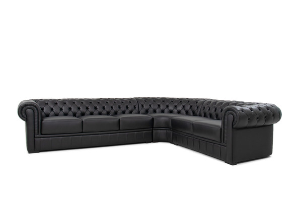 Black Leather Chesterfield Corner Sectional Sofa with Right-Facing Return
